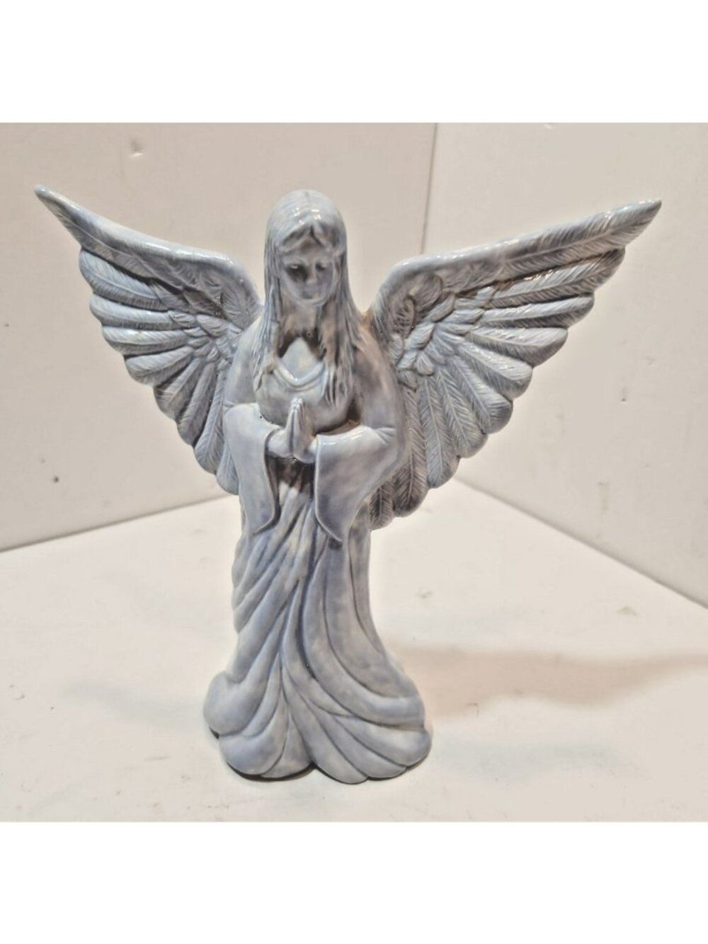 Vintage Praying Ceramic Angel Figurine 7.5" Tall Light Blue Detailed